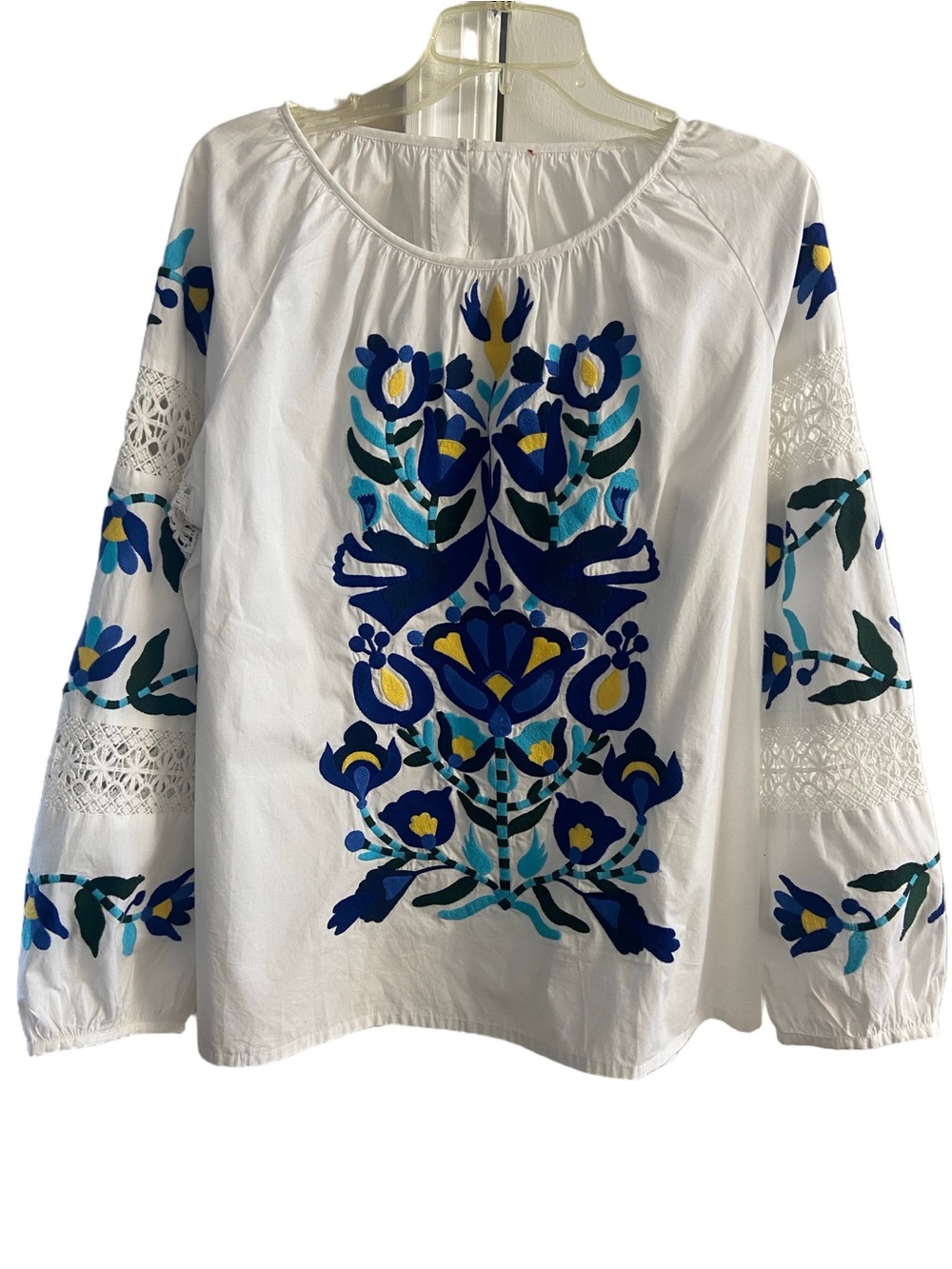 Frances Valentine Embroidered Floral Boho Blouse White Long Sleeve Lace Inset 1X